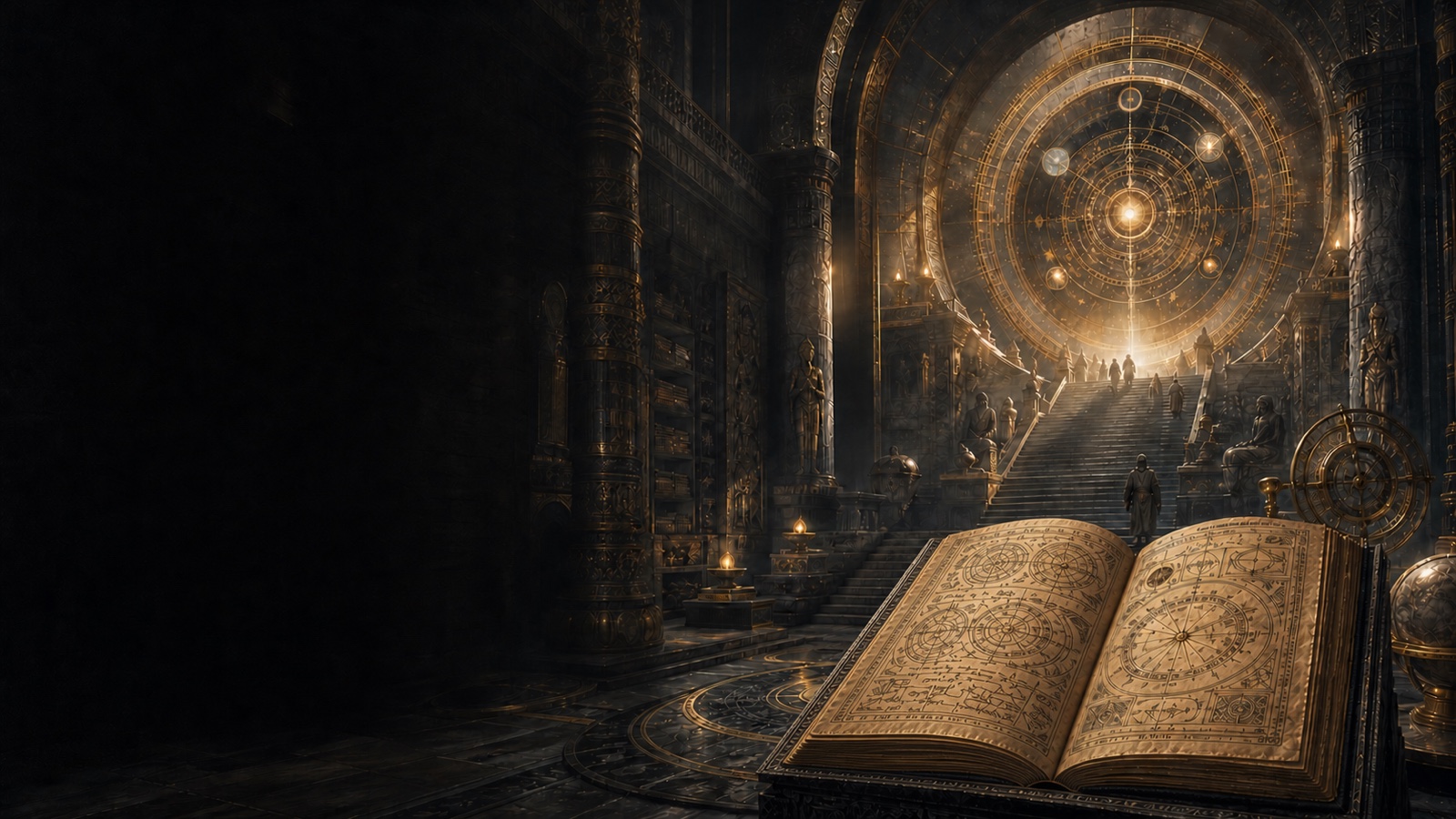 A luminous archive, cosmology map, and open book representing the School of Gnosis curriculum